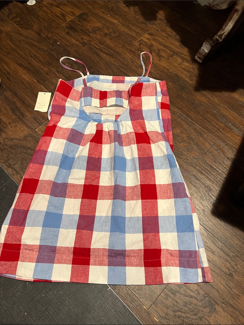 a new day call out dress spot on front Red, Blue & White Plaid Midi Dress - Picture 3 of 4